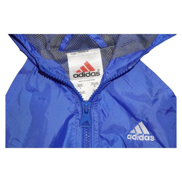 Vintage Adidas Kids Windbreaker Jacket Blue Gray Hooded Mesh Lined Size L - Picture 2 of 8